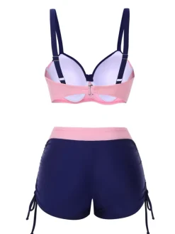 Online Retro Stage 1940s Strap Colorblock Diamond Lace-Up Bikini Set Pink & Blue