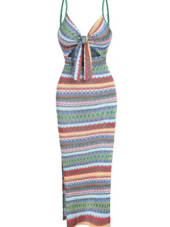 Online Retro Stage 1970s Strap Colorful Stripes Lace-Up Boho Dress
