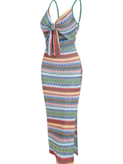 Online Retro Stage 1970s Strap Colorful Stripes Lace-Up Boho Dress