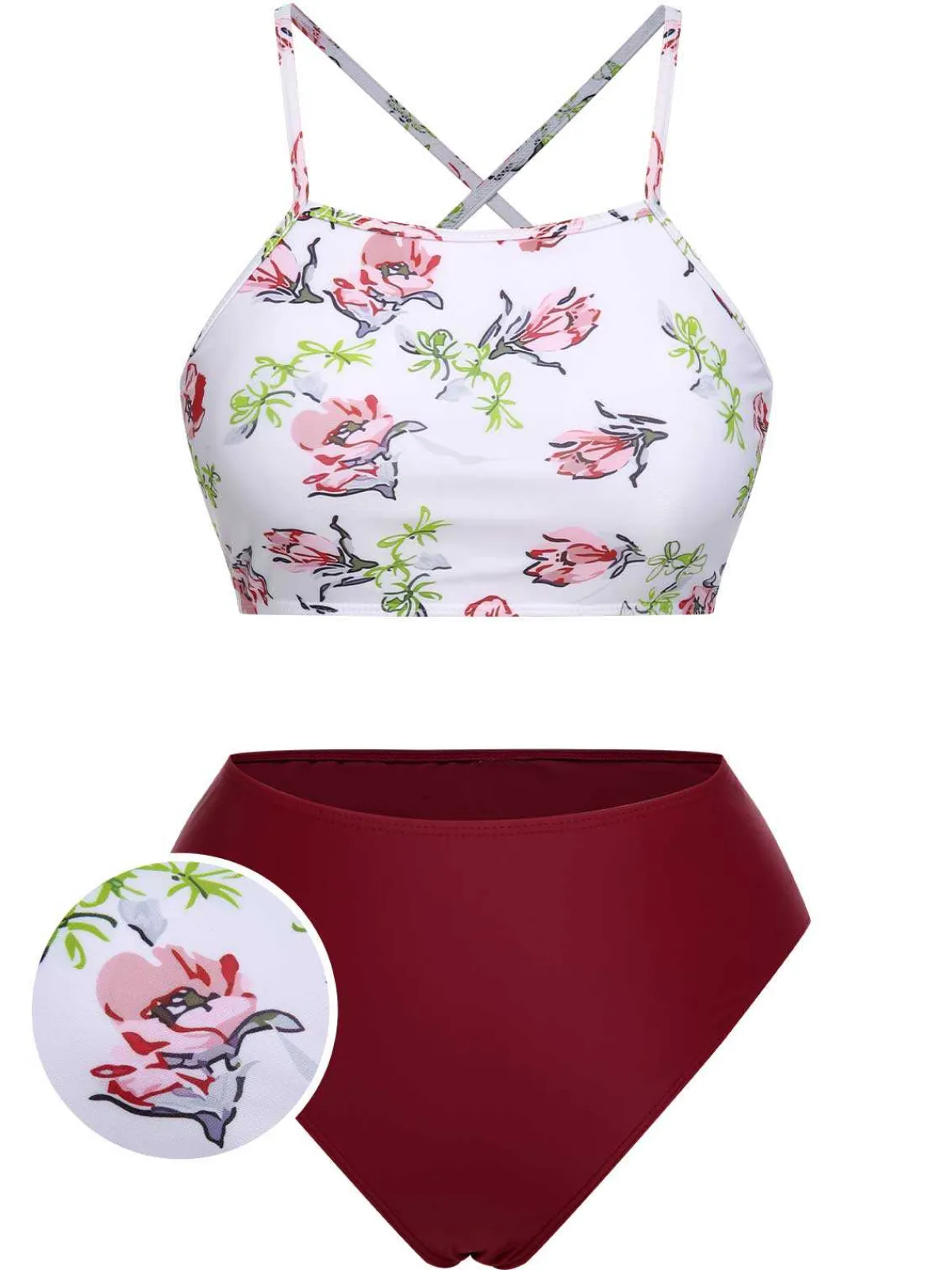 Fashion Retro Stage 1940s Strap Contrast Floral Lace-Up Swimsuit White & Red