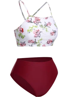 Fashion Retro Stage 1940s Strap Contrast Floral Lace-Up Swimsuit White & Red