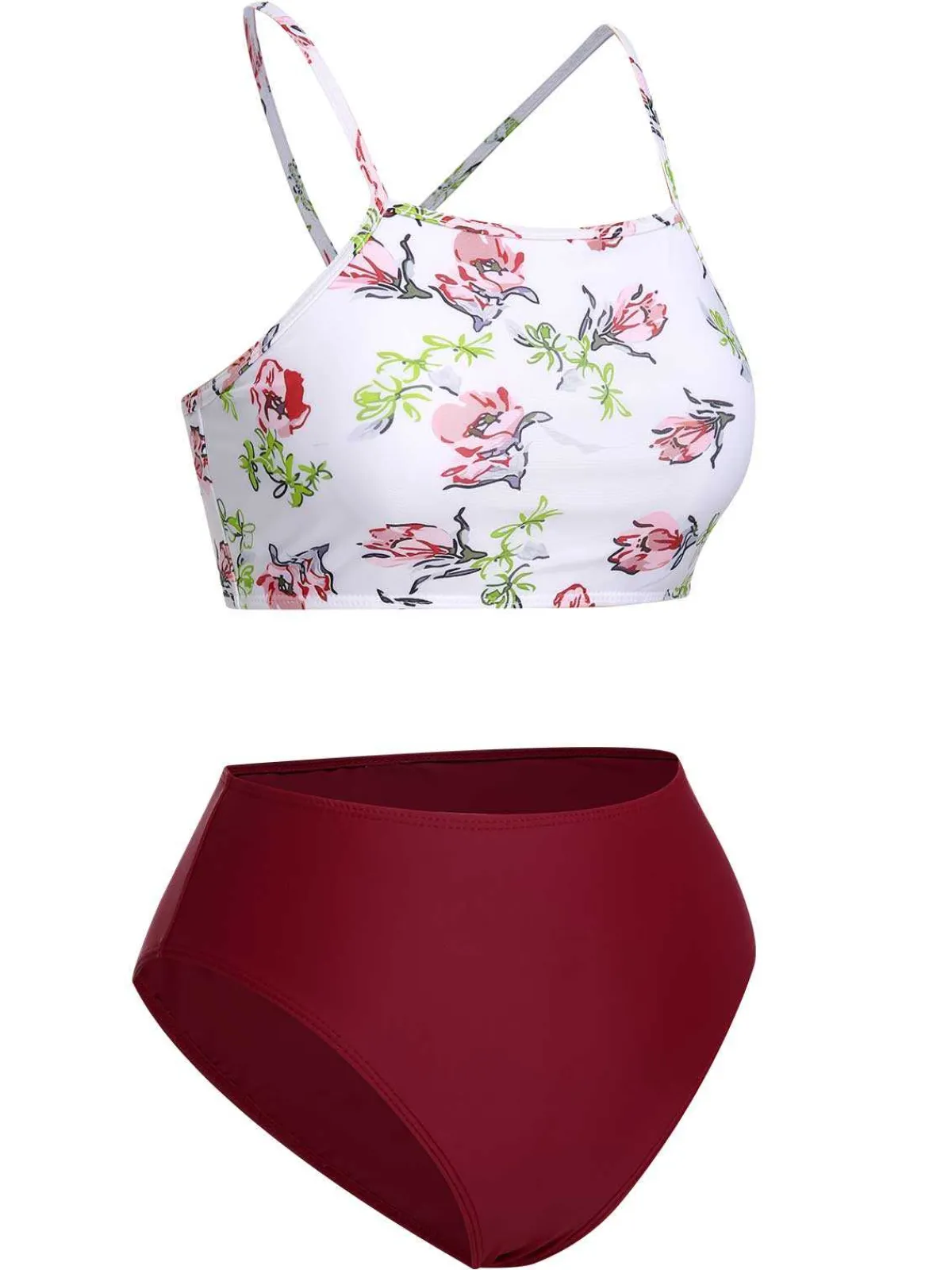 Fashion Retro Stage 1940s Strap Contrast Floral Lace-Up Swimsuit White & Red