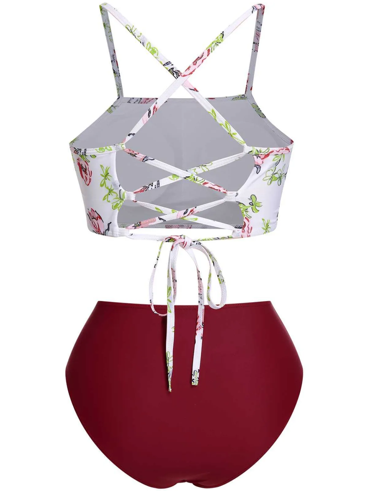 Fashion Retro Stage 1940s Strap Contrast Floral Lace-Up Swimsuit White & Red