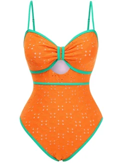 Sale Retro Stage 1960s Strap Contrast Trim One-Piece Swimsuit