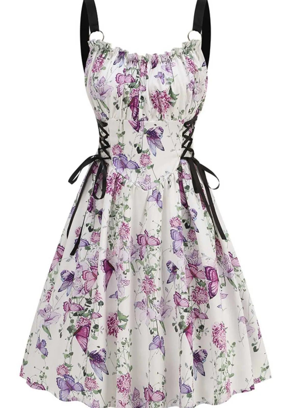 Best Retro Stage 1950s Strap Floral Butterflies Lace-Up Corset Dress