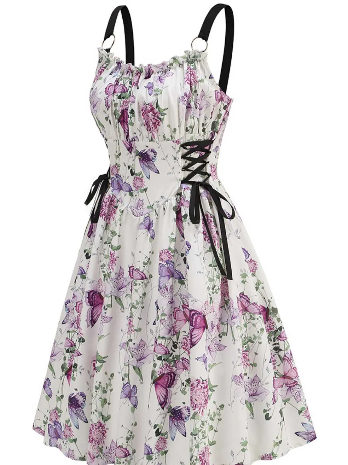 Best Retro Stage 1950s Strap Floral Butterflies Lace-Up Corset Dress