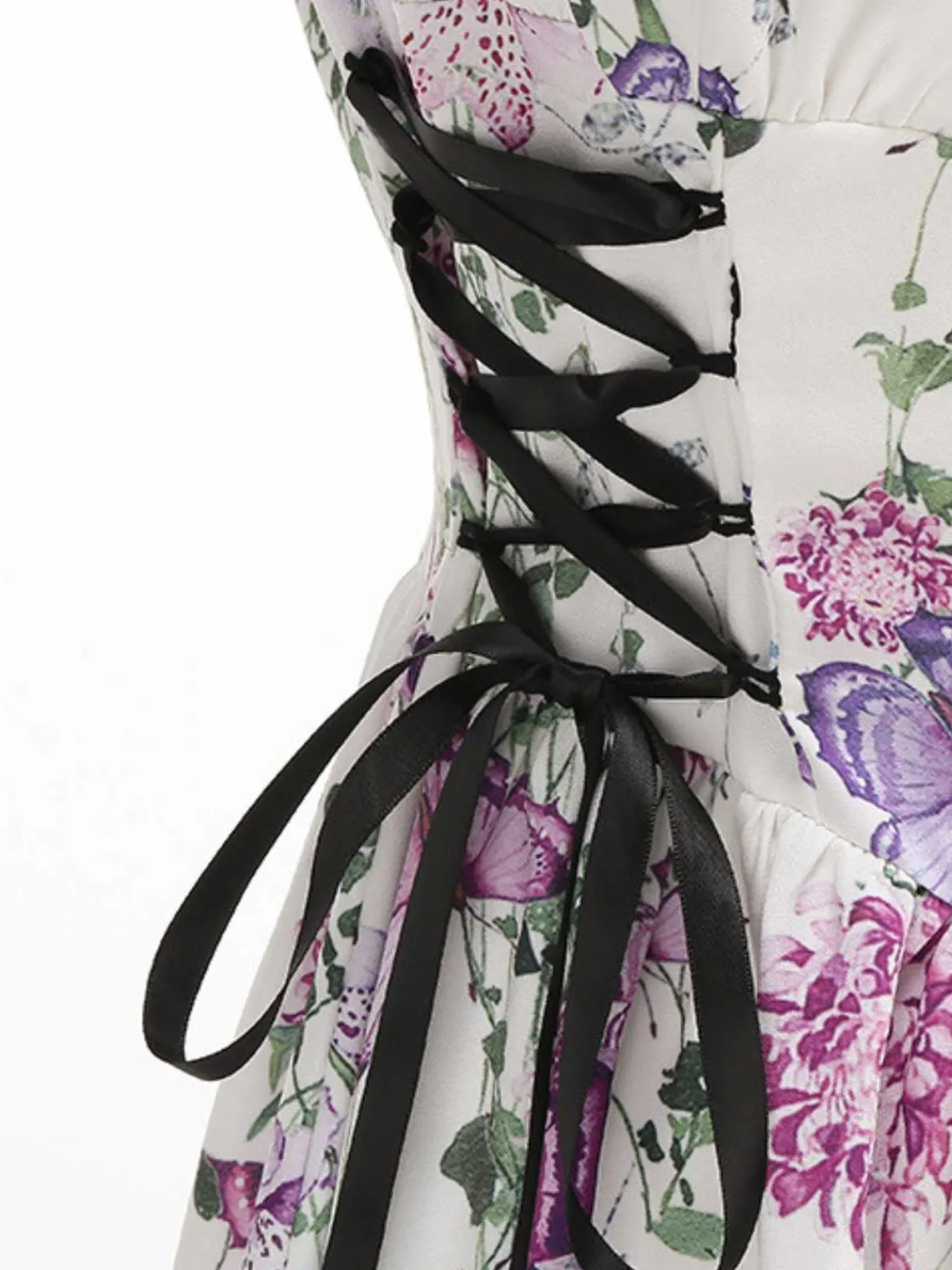 Best Retro Stage 1950s Strap Floral Butterflies Lace-Up Corset Dress