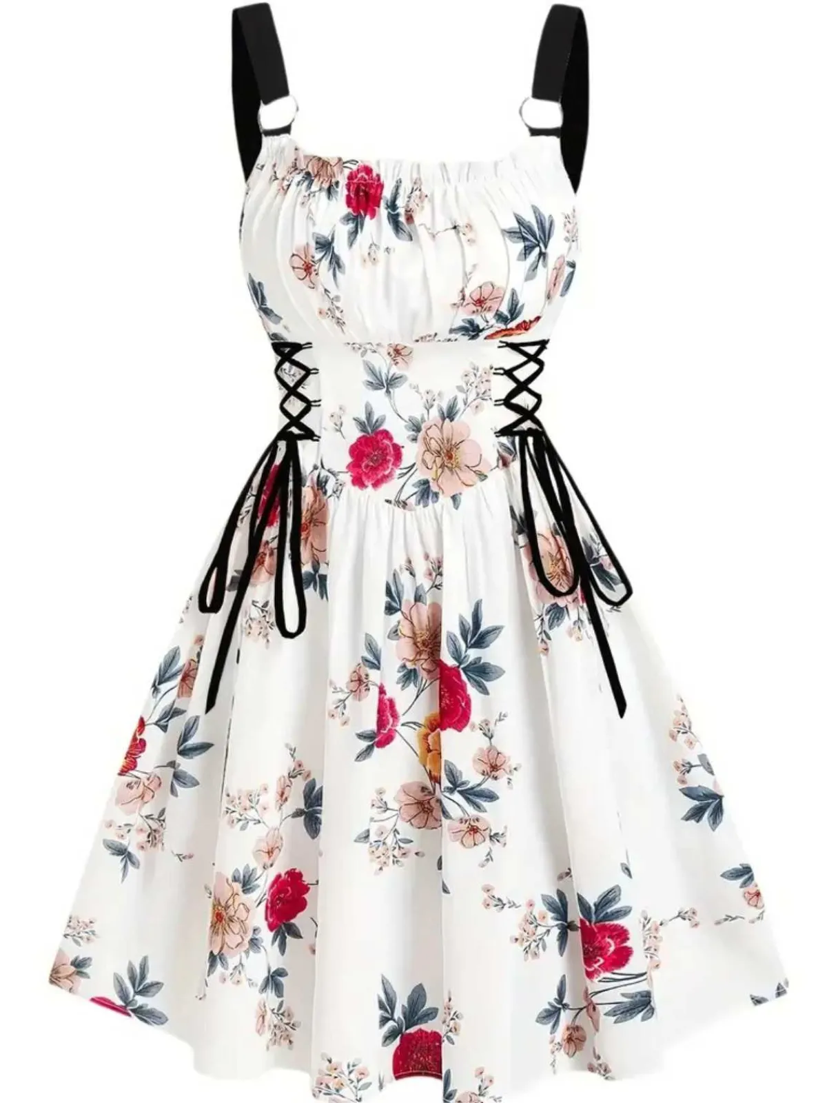Best Retro Stage 1950s Strap Floral Butterflies Lace-Up Corset Dress