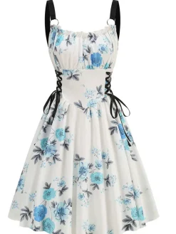 Best Retro Stage 1950s Strap Floral Butterflies Lace-Up Corset Dress