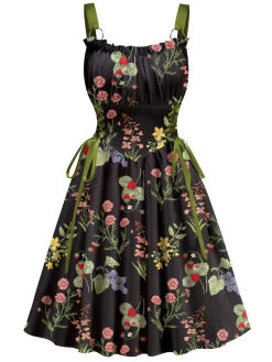 Best Retro Stage 1950s Strap Floral Lace-Up Corset Dress