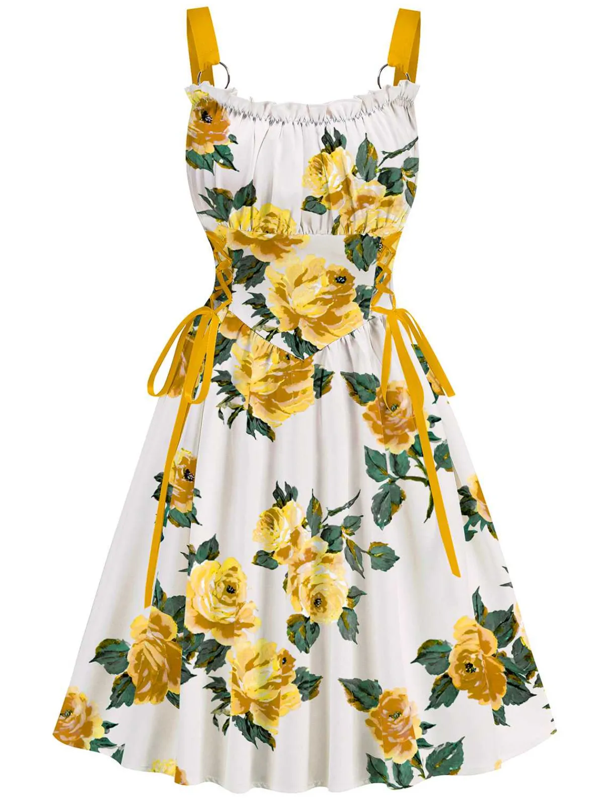 Best Retro Stage 1950s Strap Floral Lace-Up Corset Dress