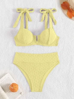 Discount Retro Stage 1950s Strap Floral Textured Solid Bikini Set