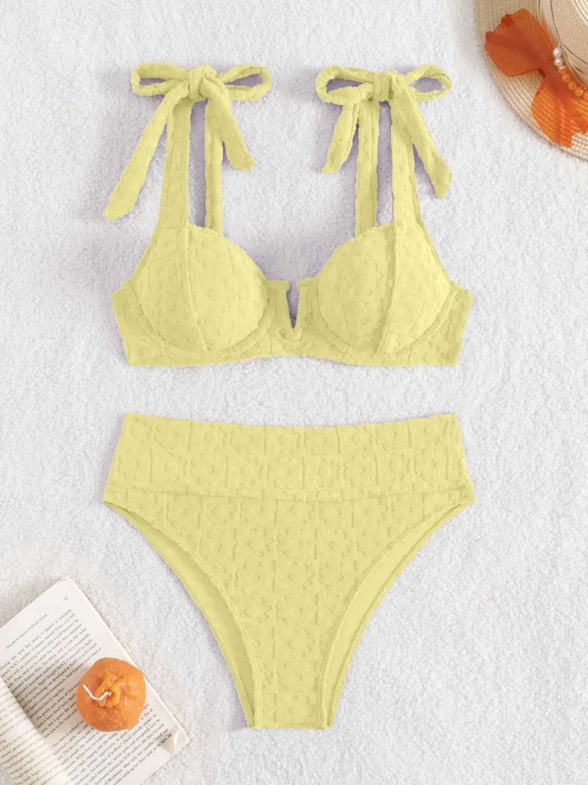 Discount Retro Stage 1950s Strap Floral Textured Solid Bikini Set