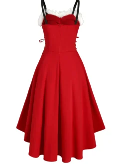 Sale Retro Stage 1950s Strap Furry Lace Up Dress Red