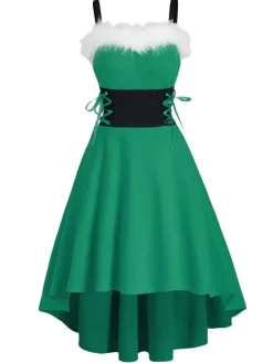 Sale Retro Stage 1950s Strap Furry Lace Up Dress Red