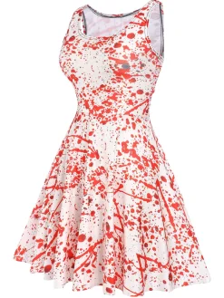 Clearance Retro Stage 1960s Strap Halloween Blood Print Sleeveless Dress White