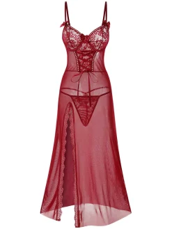 Best Retro Stage 1970s Strap Lace Sheer Slit Sleepwear Nightgown