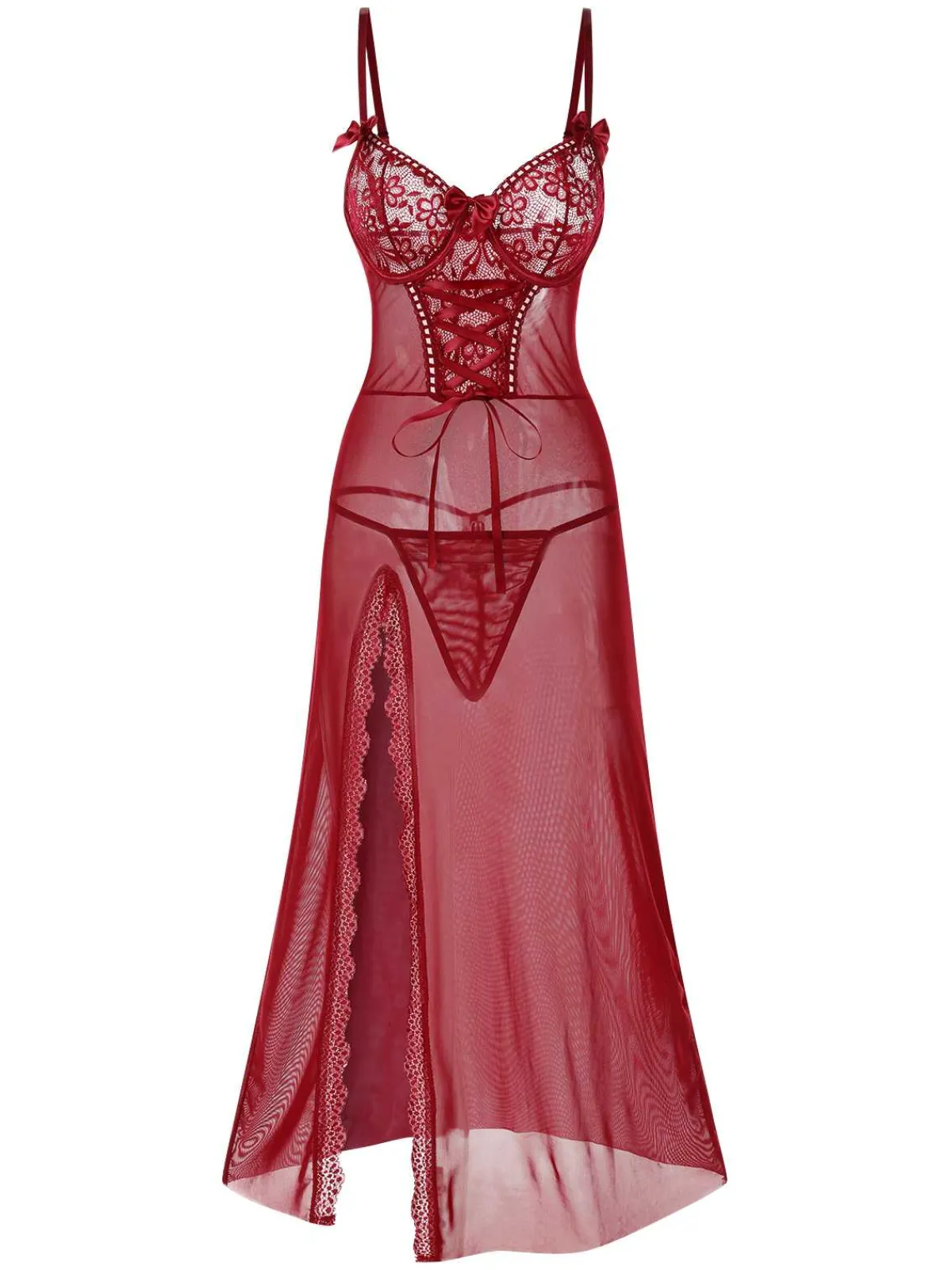 Best Retro Stage 1970s Strap Lace Sheer Slit Sleepwear Nightgown