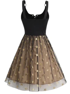 Clearance Retro Stage 1950s Strap Mesh Stars Lace-Up Dress Black & Khaki