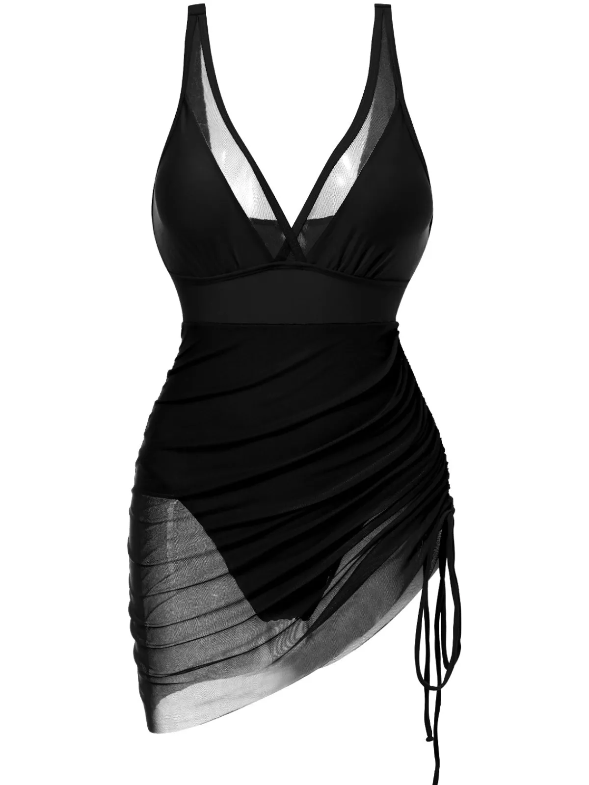 Discount Retro Stage 1950s Strap Sheer Mesh Solid One-Piece Swimsuit