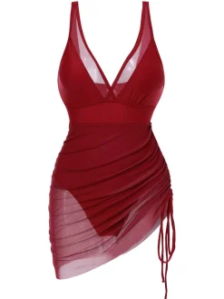 Discount Retro Stage 1950s Strap Sheer Mesh Solid One-Piece Swimsuit