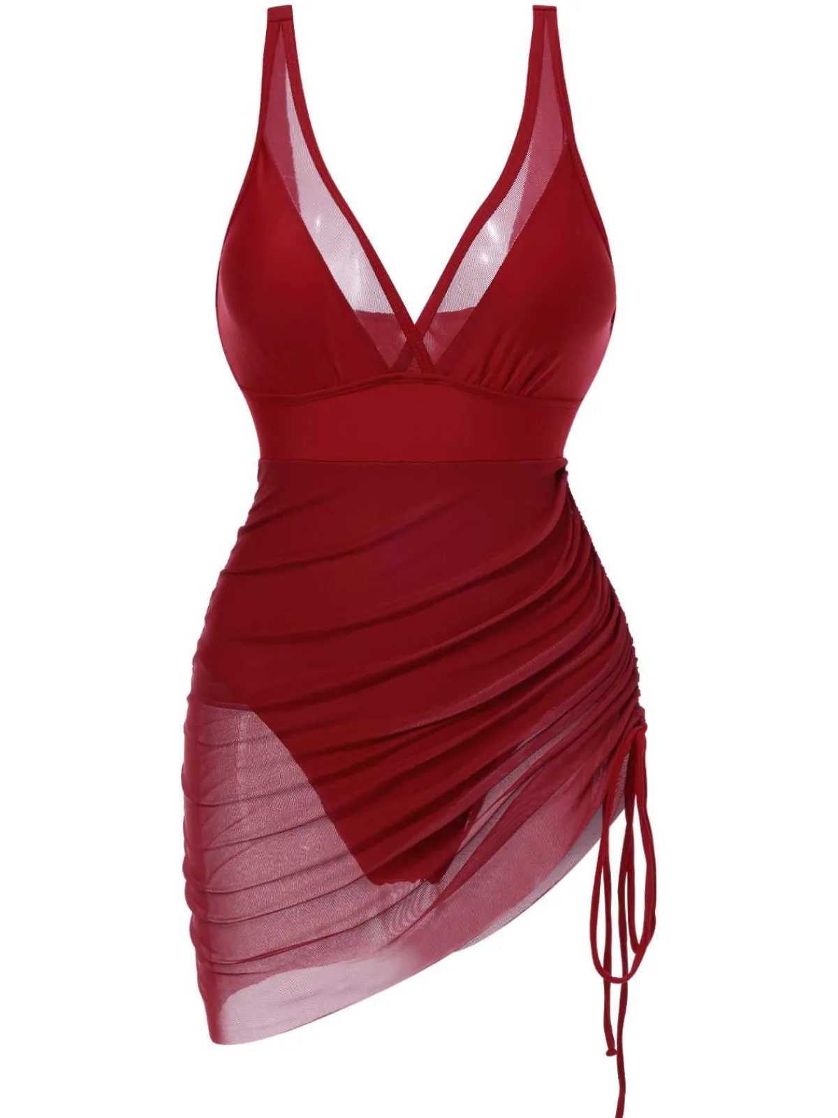 Discount Retro Stage 1950s Strap Sheer Mesh Solid One-Piece Swimsuit