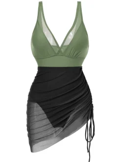 Discount Retro Stage 1950s Strap Sheer Mesh Solid One-Piece Swimsuit