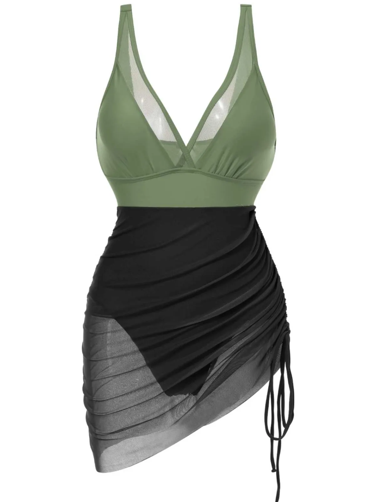 Discount Retro Stage 1950s Strap Sheer Mesh Solid One-Piece Swimsuit