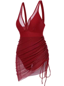 Best Retro Stage 1950s Strap Sheer Mesh Solid One-Piece Swimsuit