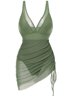 Sale Retro Stage 1950s Strap Sheer Mesh Solid One-Piece Swimsuit