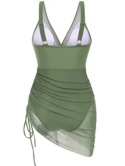 Sale Retro Stage 1950s Strap Sheer Mesh Solid One-Piece Swimsuit