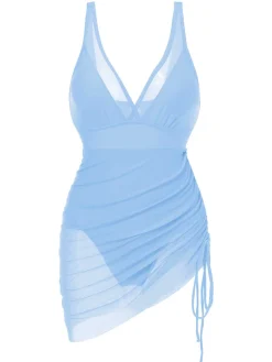 Sale Retro Stage 1950s Strap Sheer Mesh Solid One-Piece Swimsuit