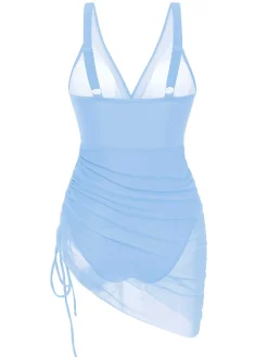Sale Retro Stage 1950s Strap Sheer Mesh Solid One-Piece Swimsuit