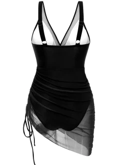 New Retro Stage 1950s Strap Sheer Mesh Solid One-Piece Swimsuit
