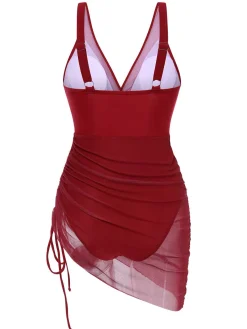 New Retro Stage 1950s Strap Sheer Mesh Solid One-Piece Swimsuit