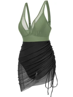 New Retro Stage 1950s Strap Sheer Mesh Solid One-Piece Swimsuit