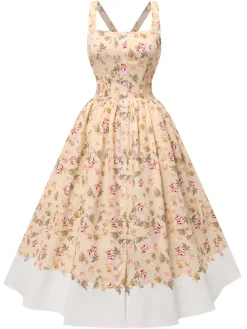 Best Retro Stage 1950s Strap Square Neck Corset Floral Dress Yellow