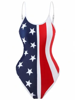 Online Retro Stage 1950s Strap Stars Stripes Flag Print One-Piece Swimsuit Multicolor