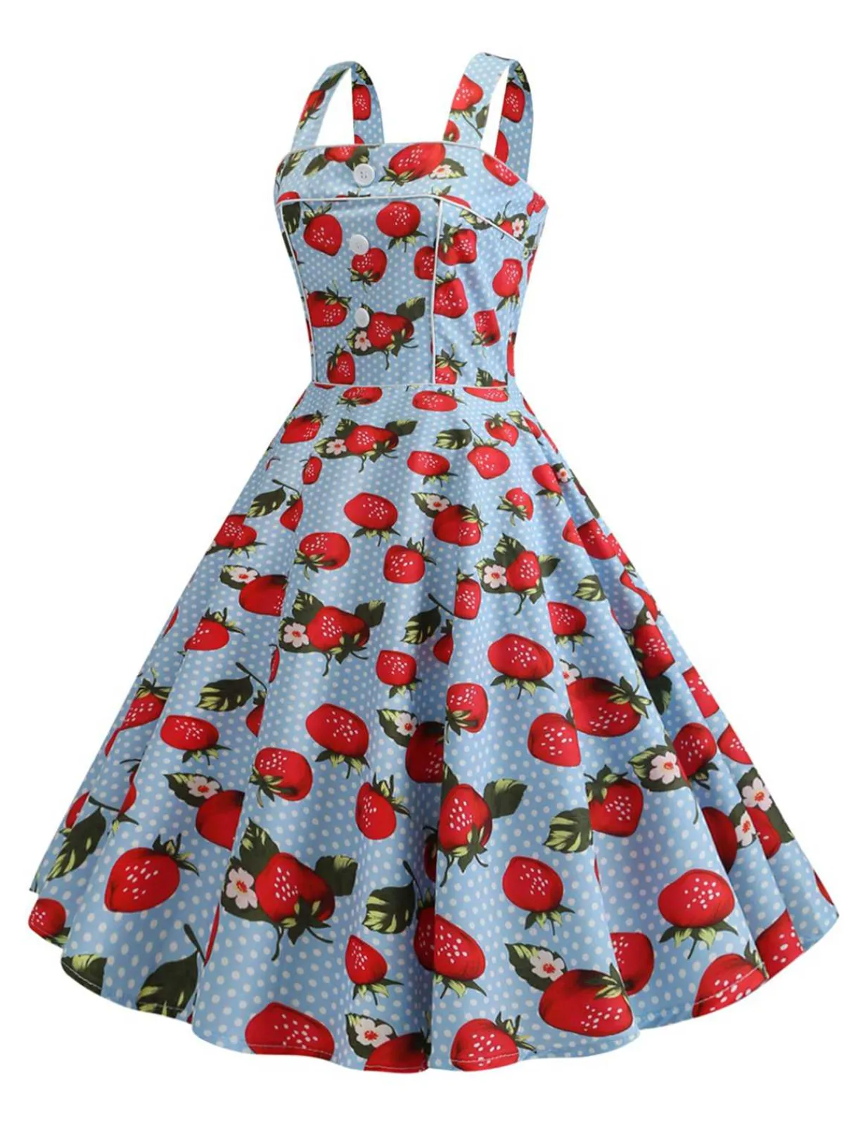 Outlet Retro Stage 1950s Strap Strawberry Polka Dots Sleeveless Dress