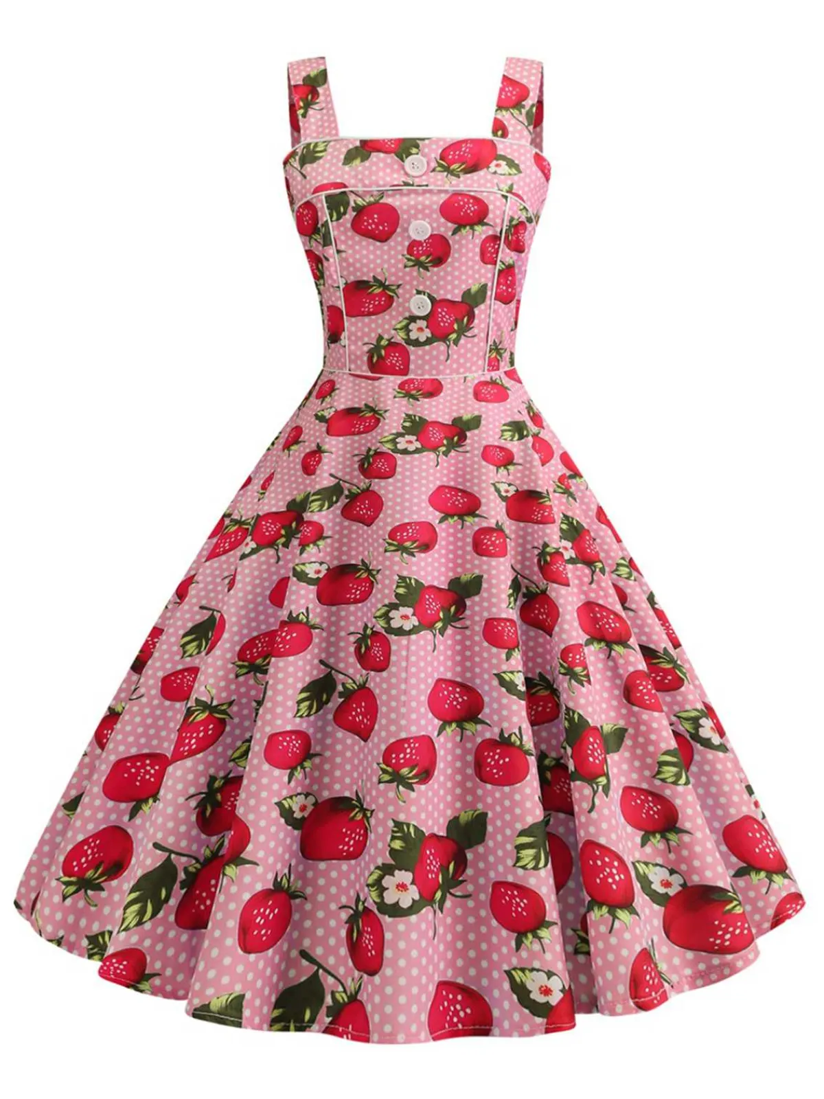 Outlet Retro Stage 1950s Strap Strawberry Polka Dots Sleeveless Dress