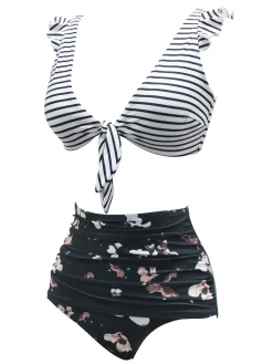 New Retro Stage 1970s Strap Stripes Floral Swimsuit Multicolor