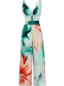 Hot Retro Stage 1970s Strap V-Neck Floral Smocked Jumpsuit