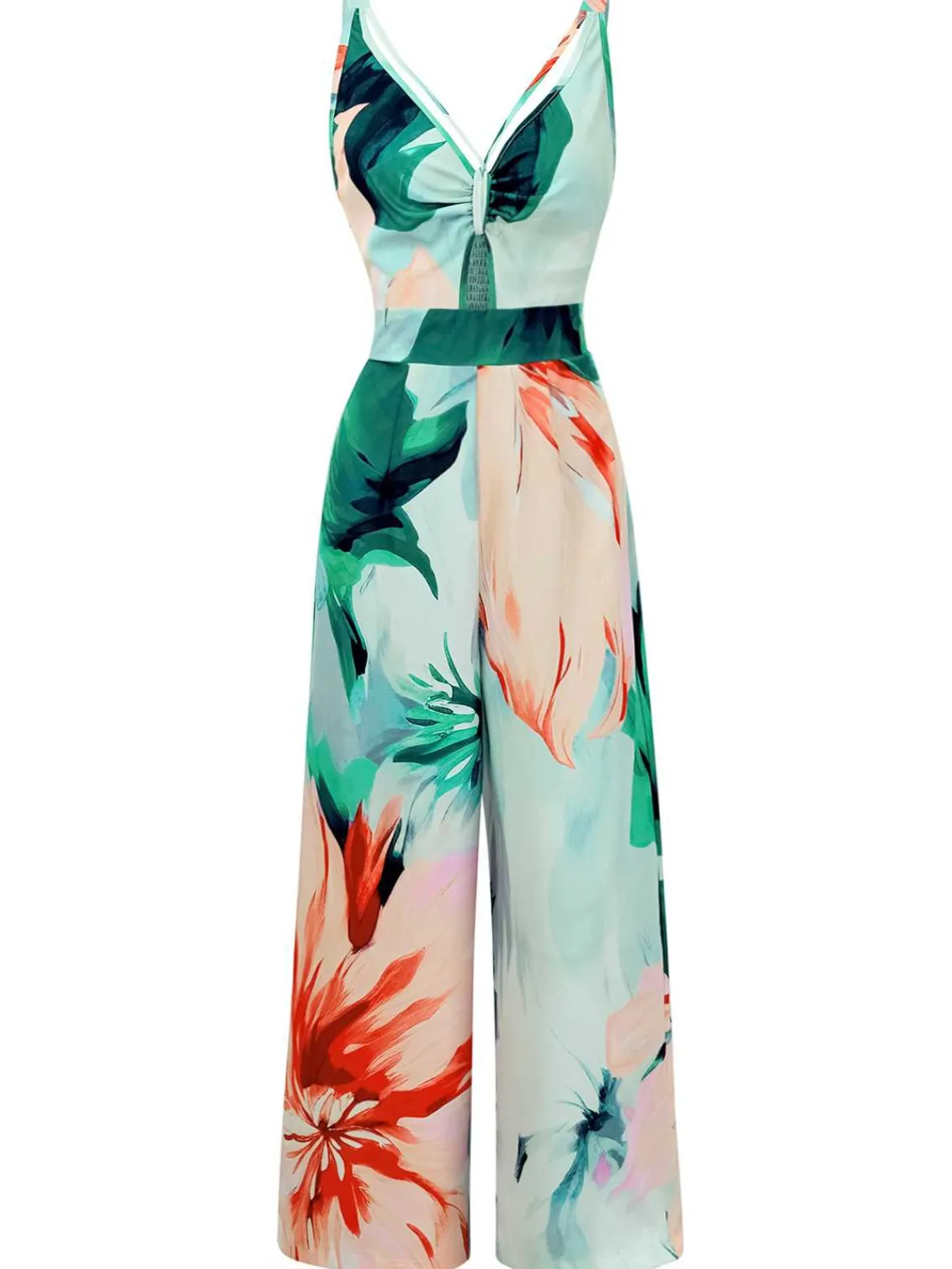 Hot Retro Stage 1970s Strap V-Neck Floral Smocked Jumpsuit