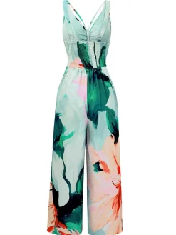 Hot Retro Stage 1970s Strap V-Neck Floral Smocked Jumpsuit