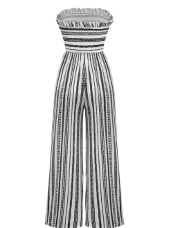 Fashion Retro Stage 1970s Strapless Boho Stripes Wide Leg Jumpsuit