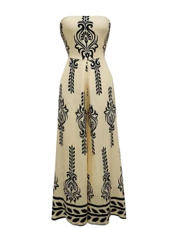 Sale Retro Stage 1970s Strapless Boho Tribal Printed Wide-Leg Jumpsuit Khaki