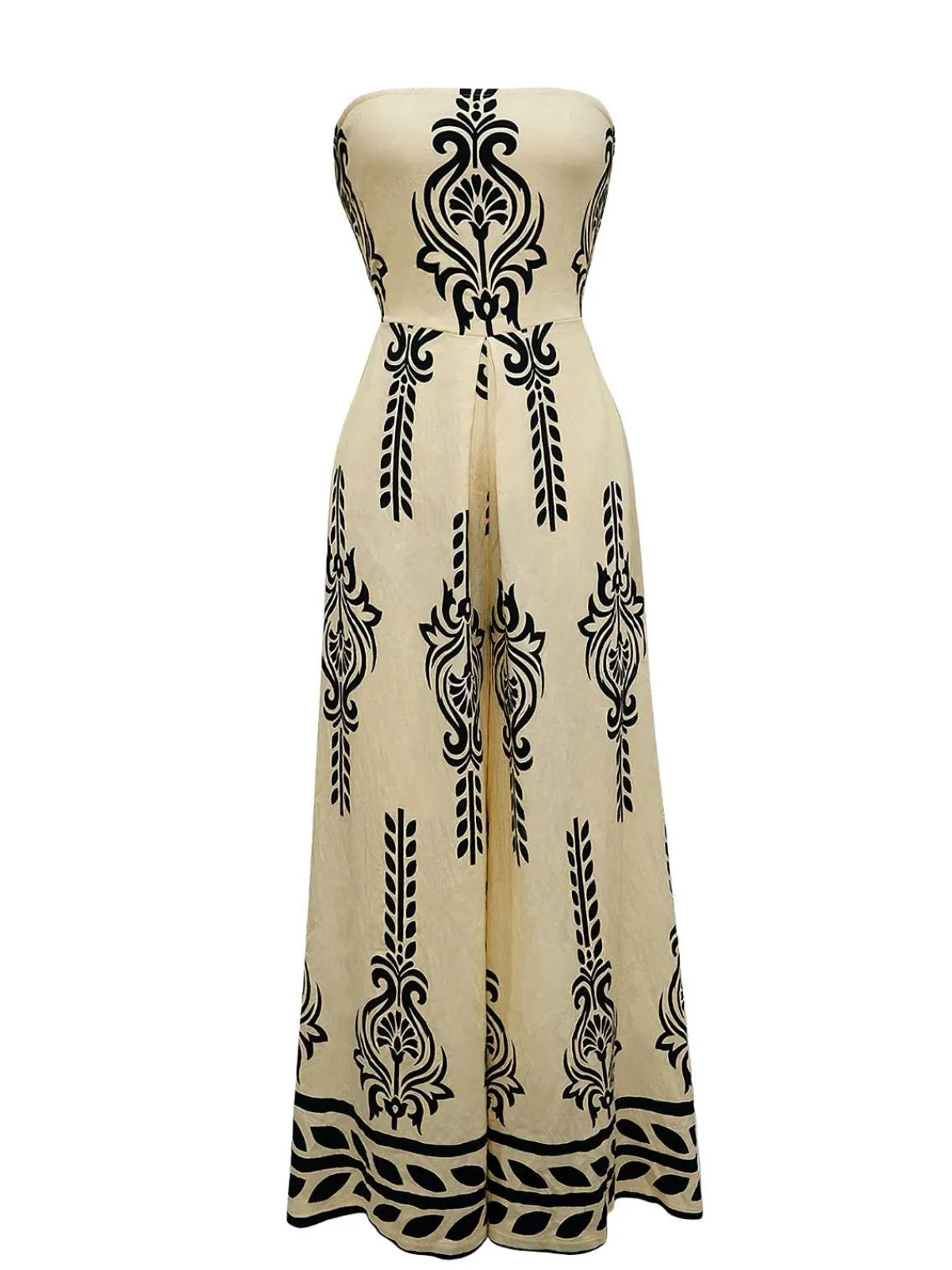 Sale Retro Stage 1970s Strapless Boho Tribal Printed Wide-Leg Jumpsuit Khaki