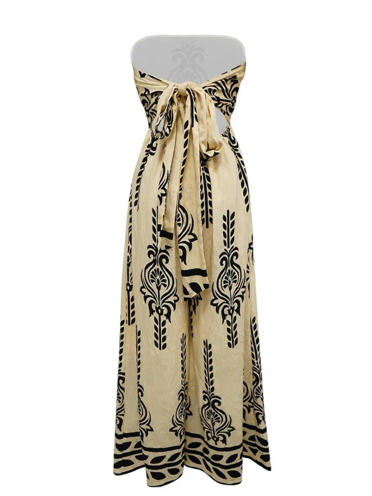 Sale Retro Stage 1970s Strapless Boho Tribal Printed Wide-Leg Jumpsuit Khaki