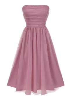 Sale Retro Stage 1950s Strapless Ruched Mesh Sleeveless Dress Pink
