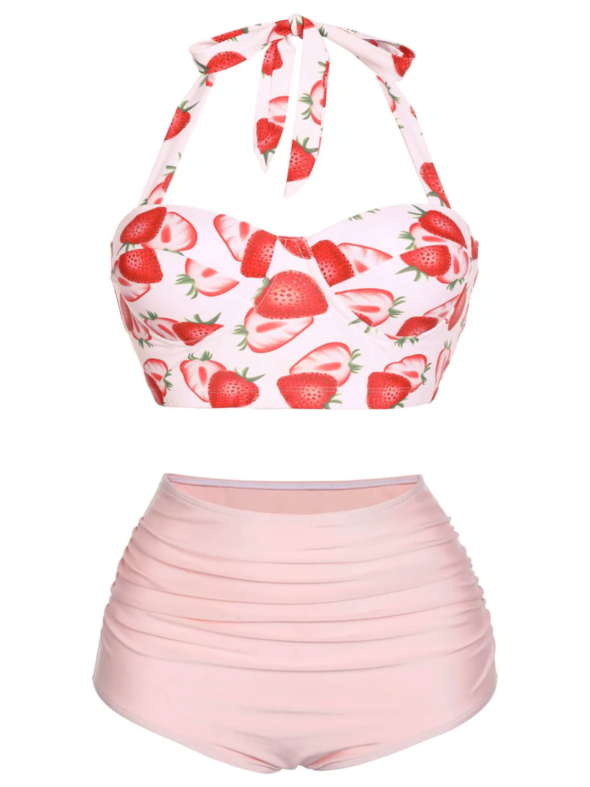 Best Retro Stage 1950s Strawberry Halter Lace-Up Pleated Bikini Set Pink